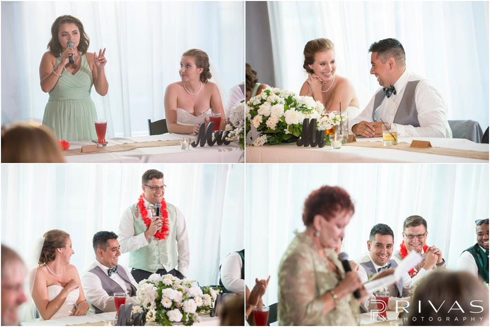 Classic Summer Wedding at Berg Event Space | Four candid photos of a bride and groom being toasted by their family and wedding party during their wedding reception at Berg Event Space in Kansas City. 