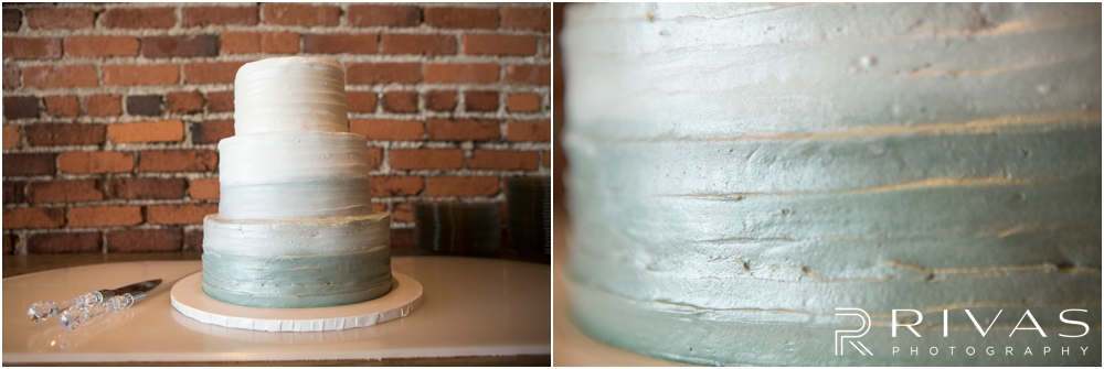 Classic Summer Wedding at Berg Event Space | Two close-up photos of a bride and grooms wedding cake on display during their wedding reception at Berg Event Space in Kansas City. 