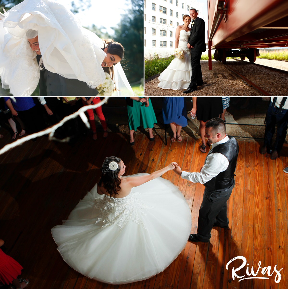 Three candid photos from three different weddings of brides and grooms in various stages of celebration on their wedding days in Kansas City.