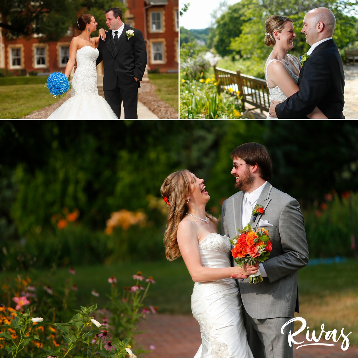Three portraits of three different brides and grooms on their Kansas City wedding days, all embracing and laughing together.