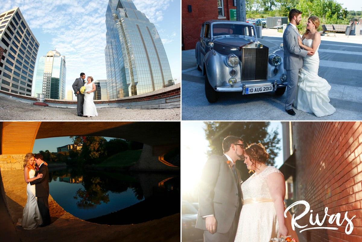 Four posed photos of four different brides and grooms during all during their downtown Kansas City wedding day.