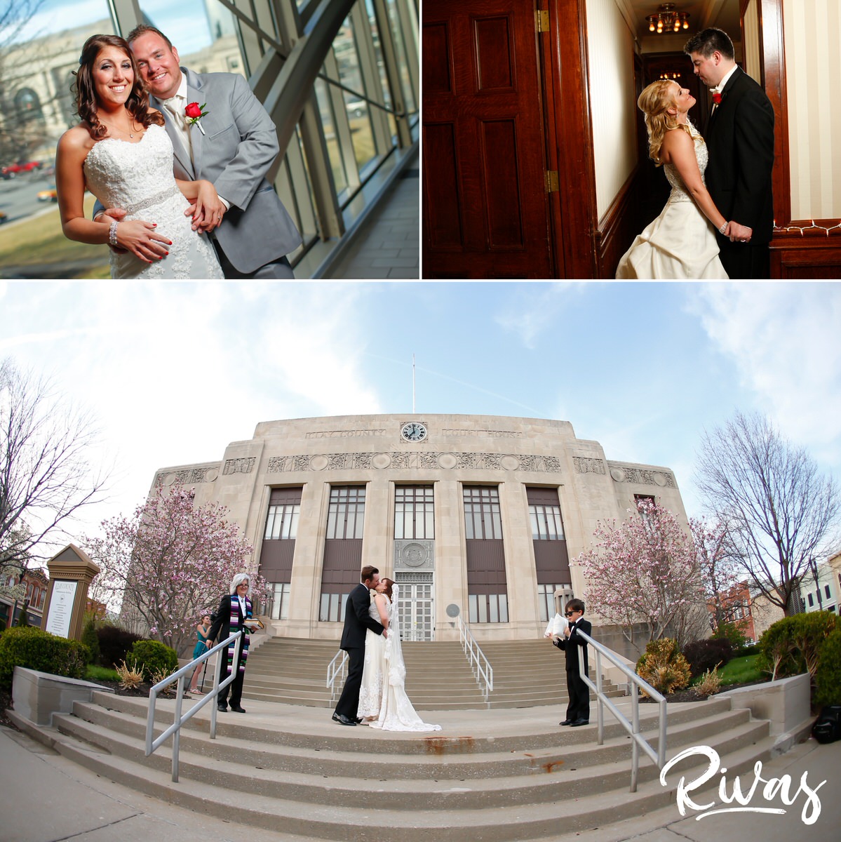 A collage of three wedding photos taken during the winter of 2011 of three different brides and grooms embracing and getting married.