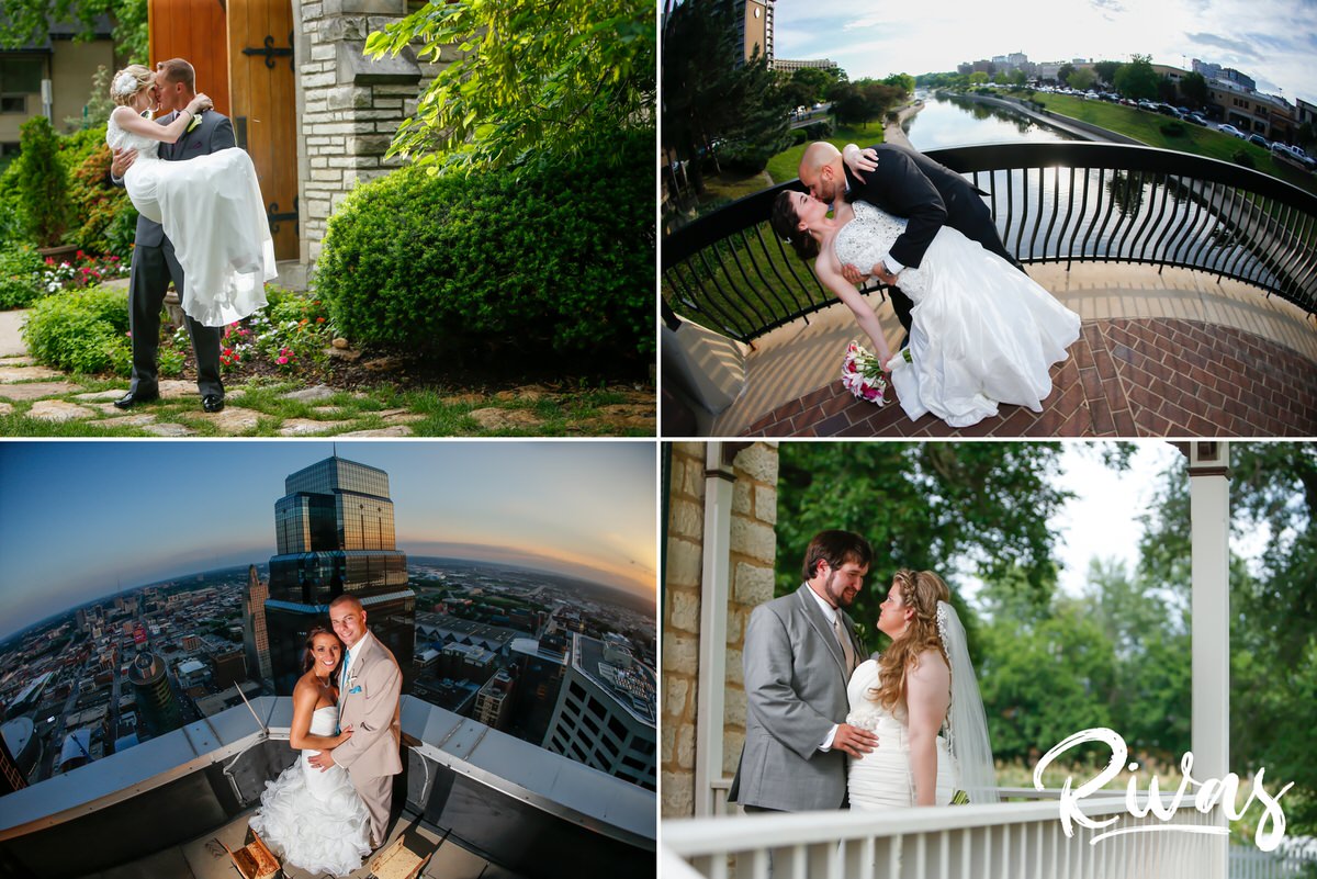 A grouping of four different brides and grooms, each couple sharing a kiss on their summer wedding day at various locations and parks in Kansas City.