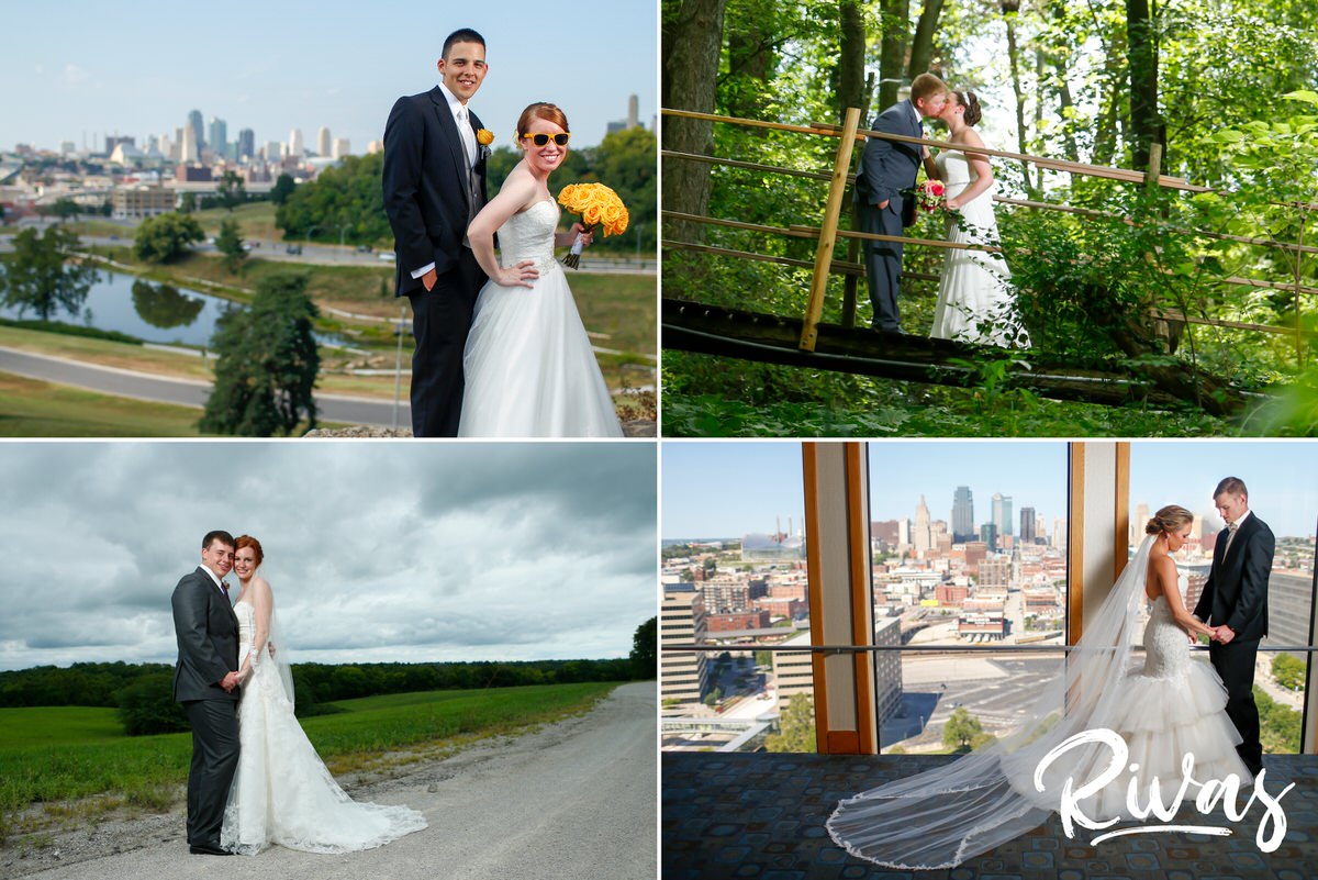 Four wedding photos of four different couples from the summer of 2014. Two couples are overlooking the Kansas City skyline, two others are in open fields.