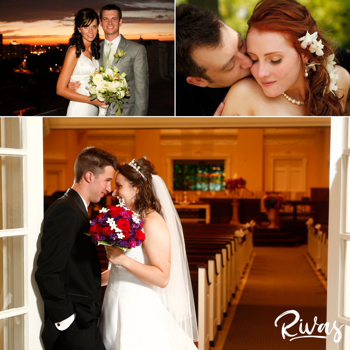 10 Years | Three photos of three brides and grooms, each on their wedding day, sharing a loving embrace with their new spouse.