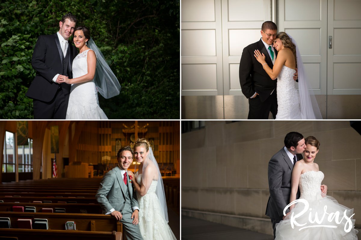 10 Years | A grouping of four different brides and grooms on their wedding day in various forms of embracing and looking at the camera on their wedding days in Kansas City. 