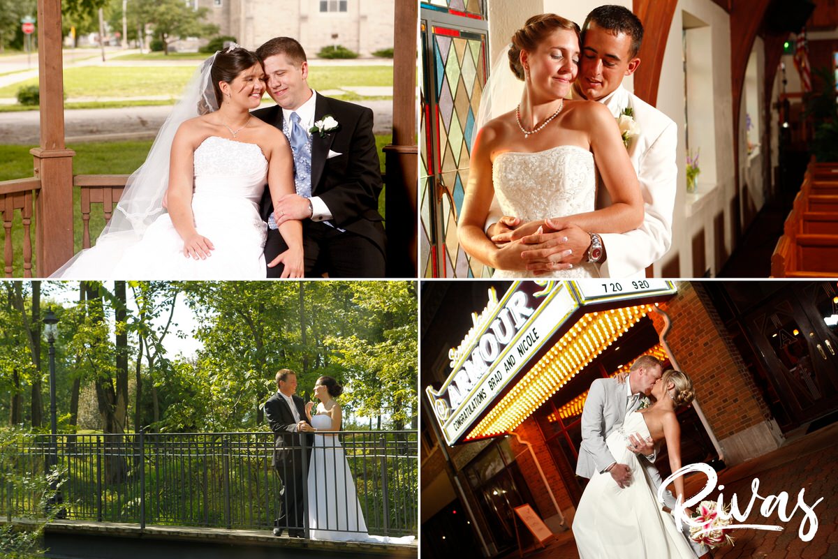 10 Years | A grouping of four wedding photos of four different couples, all sharing an embrace or kiss on their wedding days in and around the Kansas City area. 