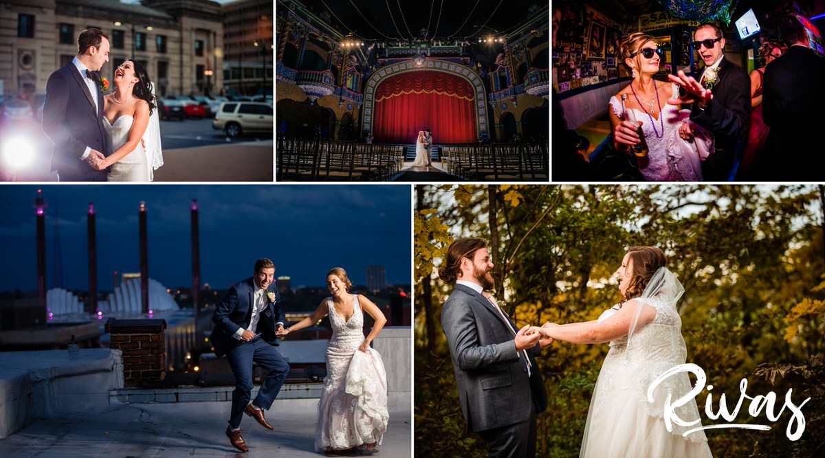 10 Years | A grouping of five photos of brides and grooms in various forms of celebration on their wedding days in and around the Kansas City and Lawrence areas. 