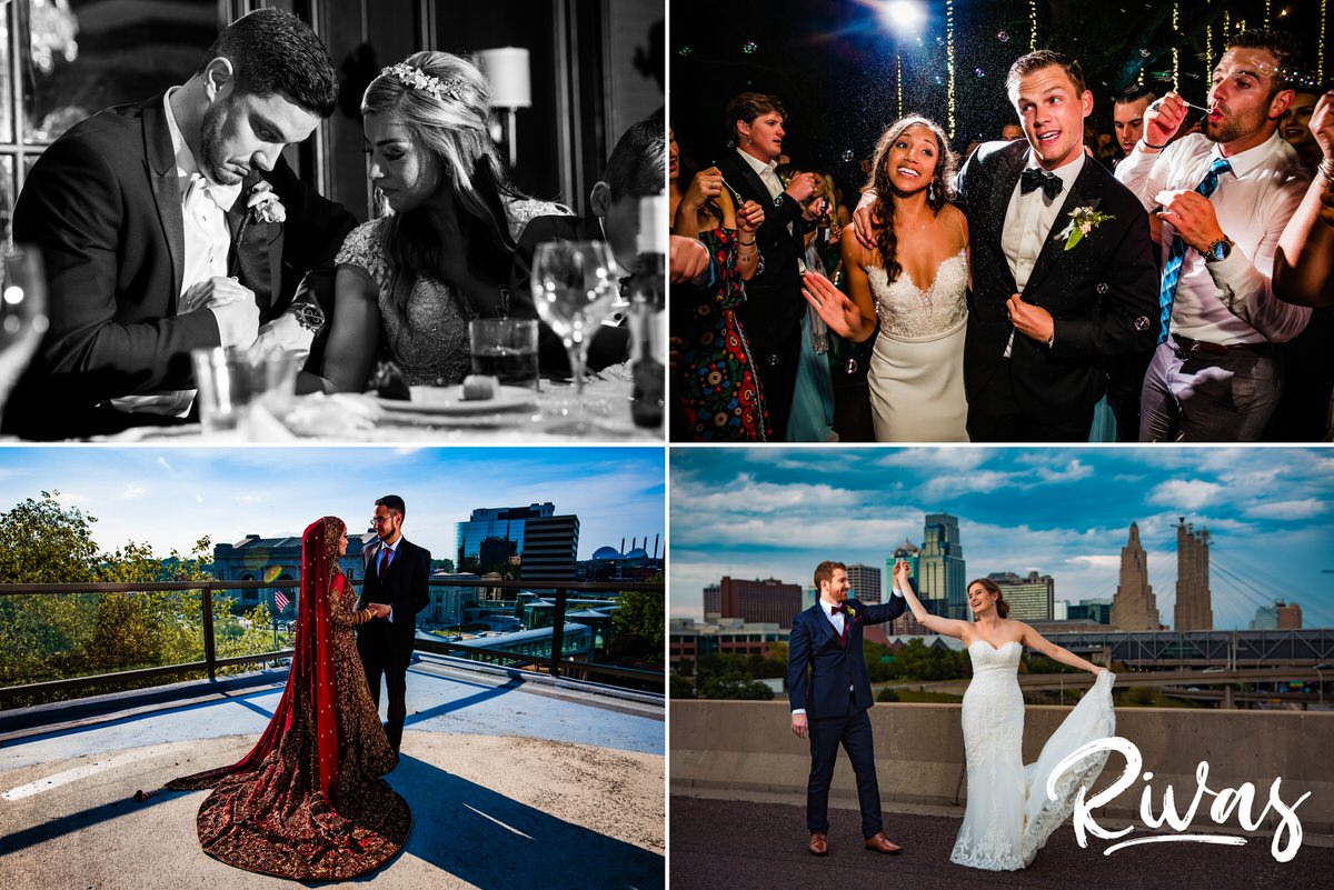 10 Years | Four candid photos of four brides and grooms celebrating and sharing embraces together on their summer 2018 wedding days. 