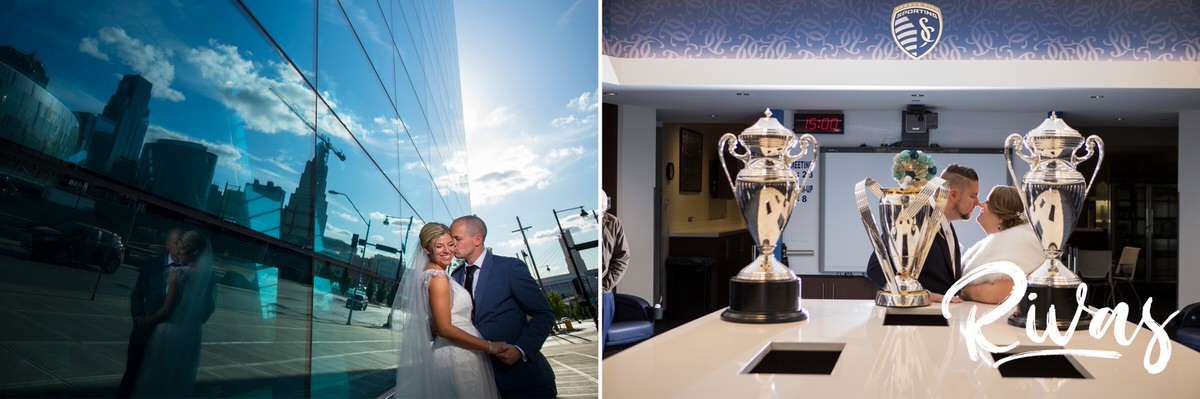 10 Years | Two wedding pictures from two different wedding days in Kansas City. Both couples are embracing and sharing a kiss, one by the Kansas City Star building and the other in the locker room at Children's Mercy Park. 