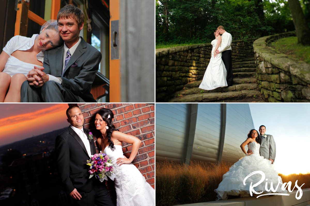 10 Years | Four different photos of four brides and grooms smiling at the camera while sharing an embrace on their wedding days. 