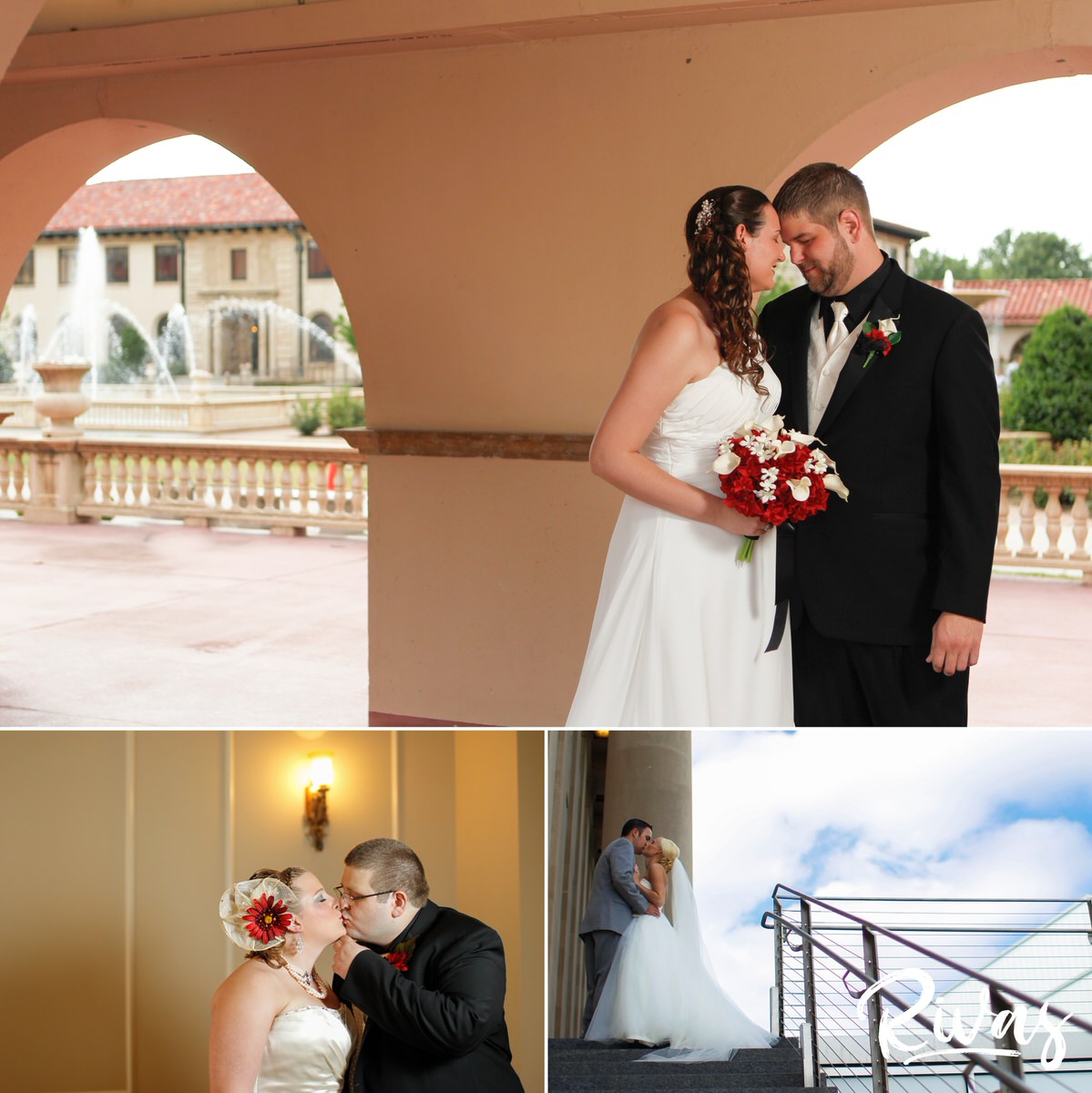 10 Years | Three wedding photos of three couples all sharing a kiss on their wedding days in Kansas City. 