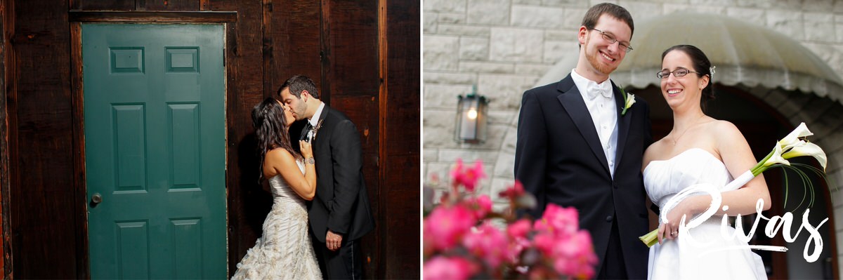 10 Years | Two photos of two different brides and grooms on their wedding days in Kansas City; one in front of a wooden plank wall and the other in front of their venue, the Webster House. 