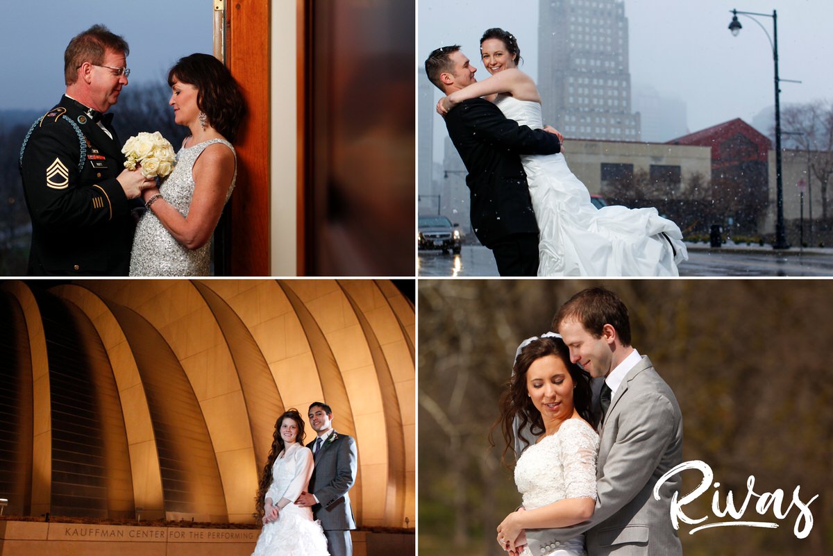 10 Years | A grouping of 4 brides and grooms on their Kansas City wedding day, all celebrating and sharing embraces. 