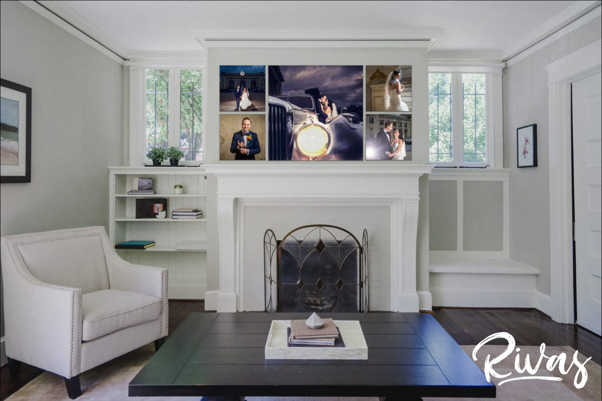 8 Things Your Wedding Photographer Wants you to Know | A digital mock-up of a living room with a fireplace with a series of wedding photos displayed above the mantel. 