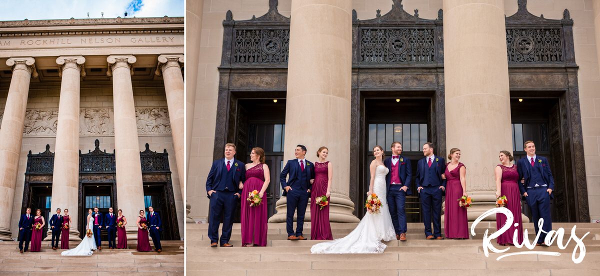 Strawberry Hill Summer Wedding | Rivas Photography | Kansas City Wedding Pictures | Two portraits of a bride and groom with their four bridesmaids and groomsmen standing at the top of the stairs at Kansas City's Nelson Atkins Museum of Art on their wedding day. 