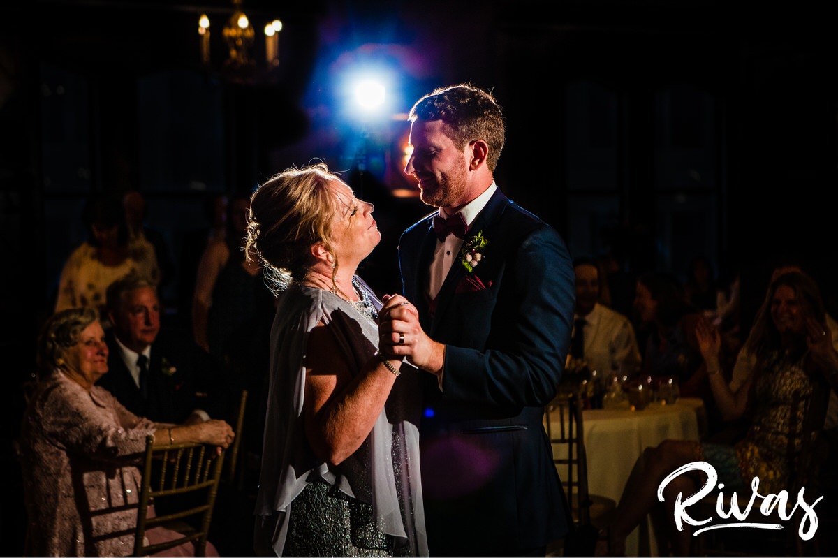 Strawberry Hill Summer Wedding | Rivas Photography | Kansas City Wedding Pictures | A photo of a groom dancing with his mom during his wedding reception held in downtown Kansas City in The Tudor Room at The Brass on Balitmore. 