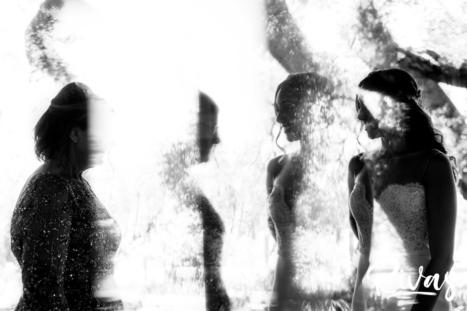 Saddlerock Ranch Summer Wedding | Destination Wedding Photographers | Rivas | A black and white double exposure of a bride and her mom looking at each other on the morning of her wedding. 