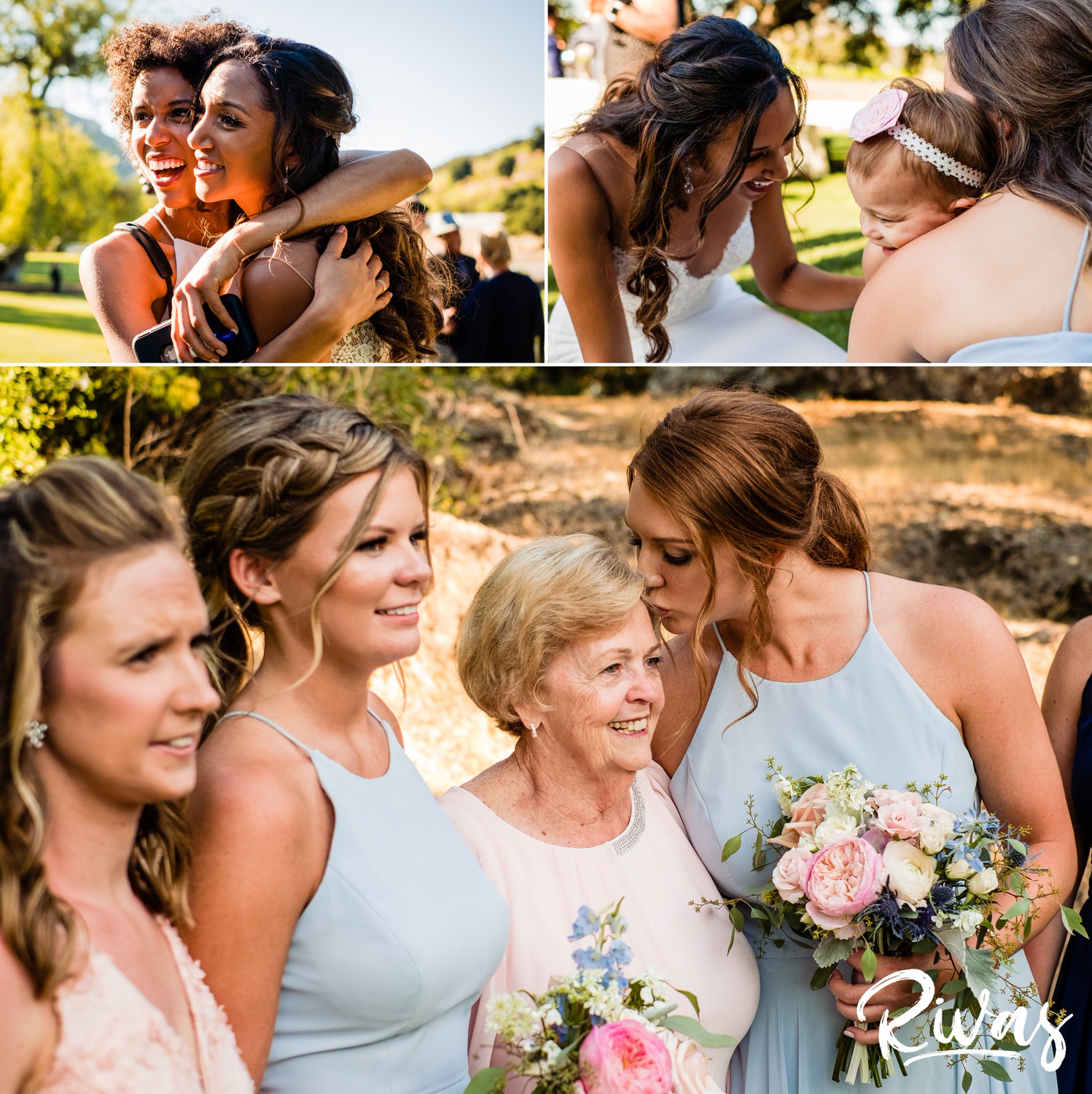 Saddlerock Ranch Summer Wedding | Destination Wedding Photographers | Rivas | A group of three candid photos taken during a cocktail hour as wedding party members celebrate with friends and families in attendance at a Saddlerock Ranch wedding and reception. 