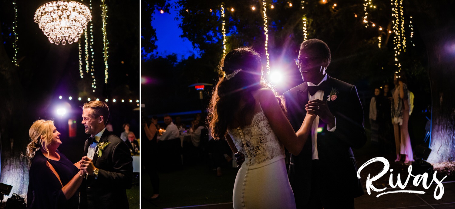 Saddlerock Ranch Summer Wedding | Destination Wedding Photographers | Rivas | Two photos of a bride dancing with her father and a groom dancing with his mother during their Saddlerock Ranch wedding reception. 
