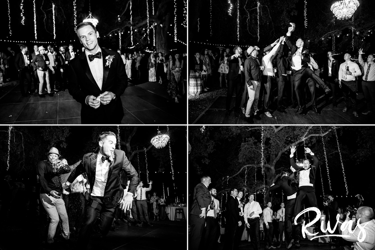 Saddlerock Ranch Summer Wedding | Destination Wedding Photographers | Rivas | A group of four black and white candid images of a groom throwing the garter and his groomsmen and wedding guests fighting over it and tackling each other to catch it during a wedding reception at Malibu's Saddlerock Ranch. 
