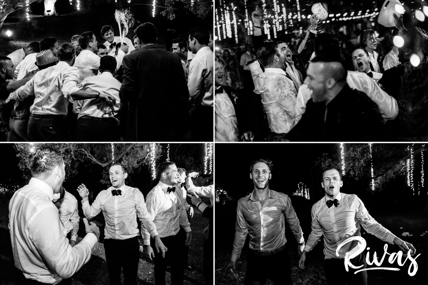 Saddlerock Ranch Summer Wedding | Destination Wedding Photographers | Rivas | A group of four black and white photos of a groom and his groomsmen performing a water ceremony during his wedding reception in Malibu at Saddlerock Ranch. 