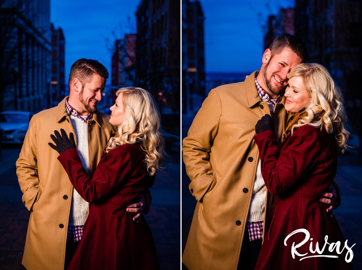 KC Winter Lights Engagement Pictures | Kansas City engagement Pictures | Rivas | Two pictures of an engaged couple in dressy khaki and maroon dress coats laughing together and sharing an embrace in downtown Kansas City during their late December Engagement Session. 