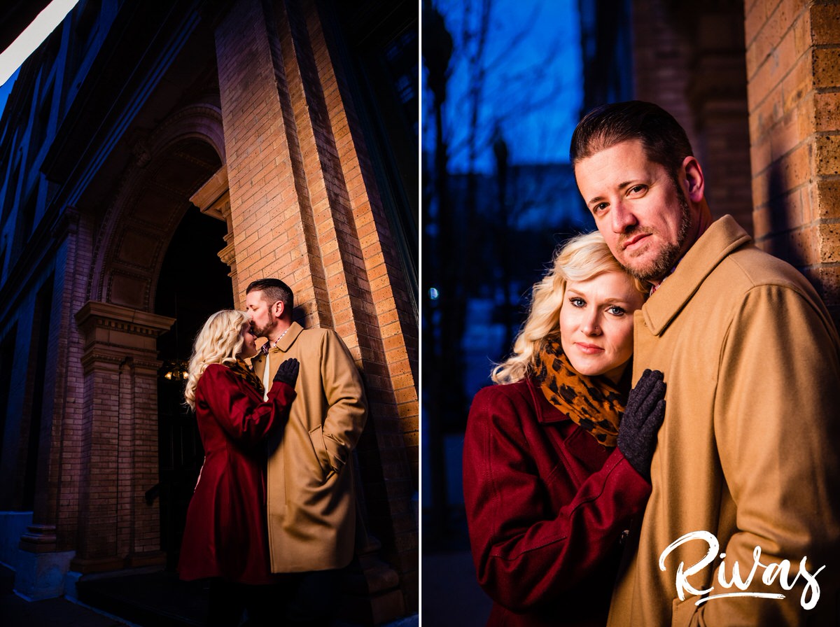 KC Winter Lights Engagement Pictures | Kansas City engagement Pictures | Rivas | Two pictures of an engaged couple in dressy khaki and maroon dress coats laughing together and sharing an embrace in downtown Kansas City during their late December Engagement Session. 