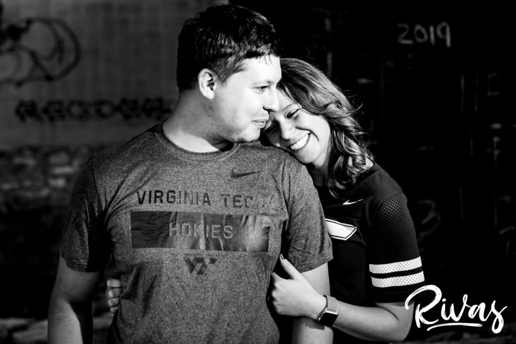West Bottoms Engagement Pictures | A black and white picture of an engaged couple sharing an embrace during their engagement session in Kansas City. 