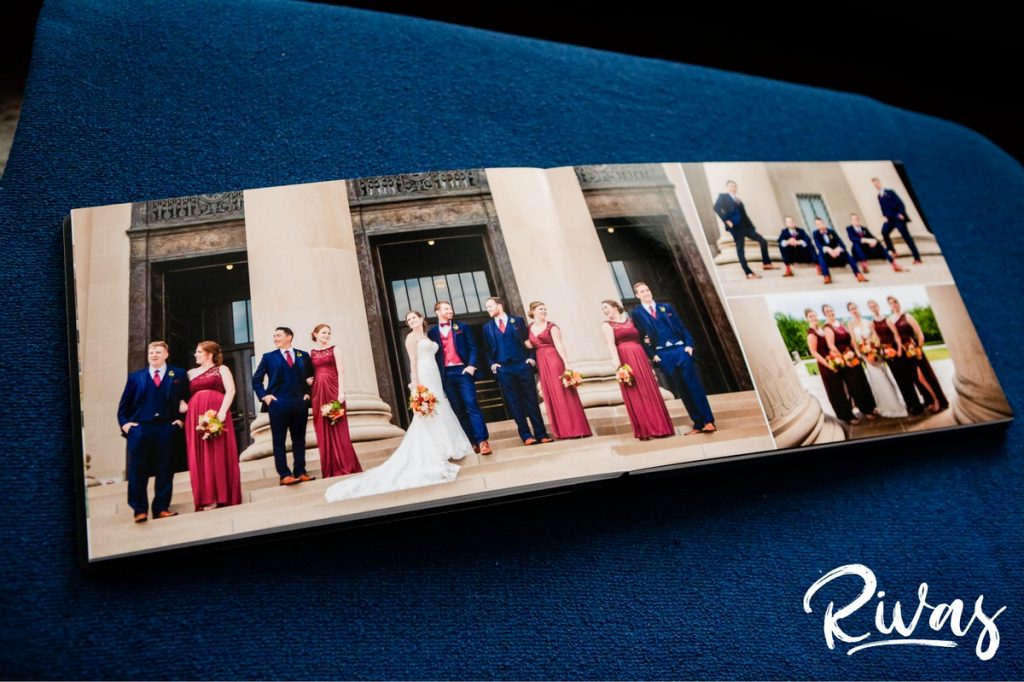 Maroon & Navy Custom Wedding Album | A wide picture of an edge to edge photo in a custom wedding album. 