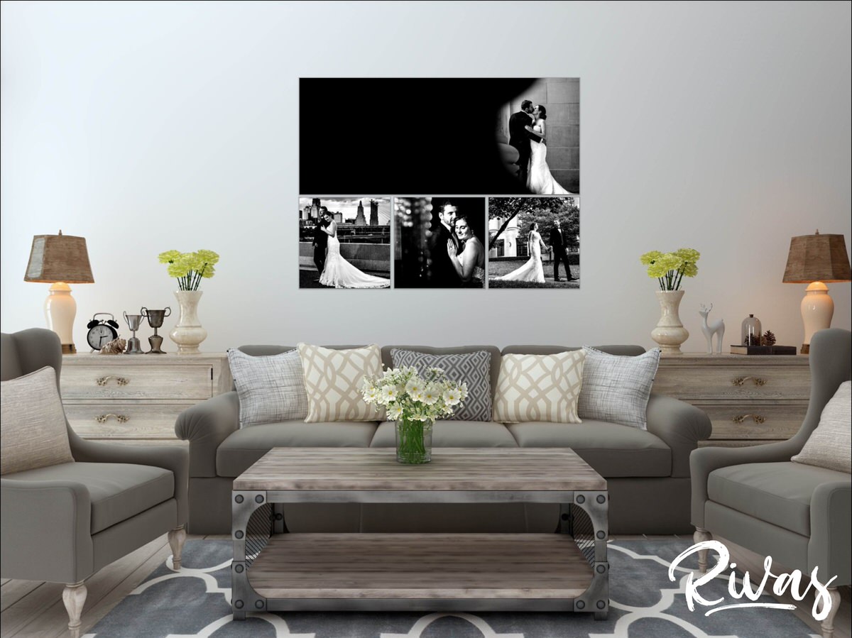 Wedding Picture End Goals | A graphic rendering of a living room with a cluster of four wedding pictures above the couch.