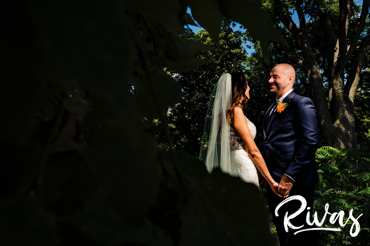 An intimate picture taken through some leaves of a bride and groom holding hands and laughing together on the day of their wedding in Kansas City. 