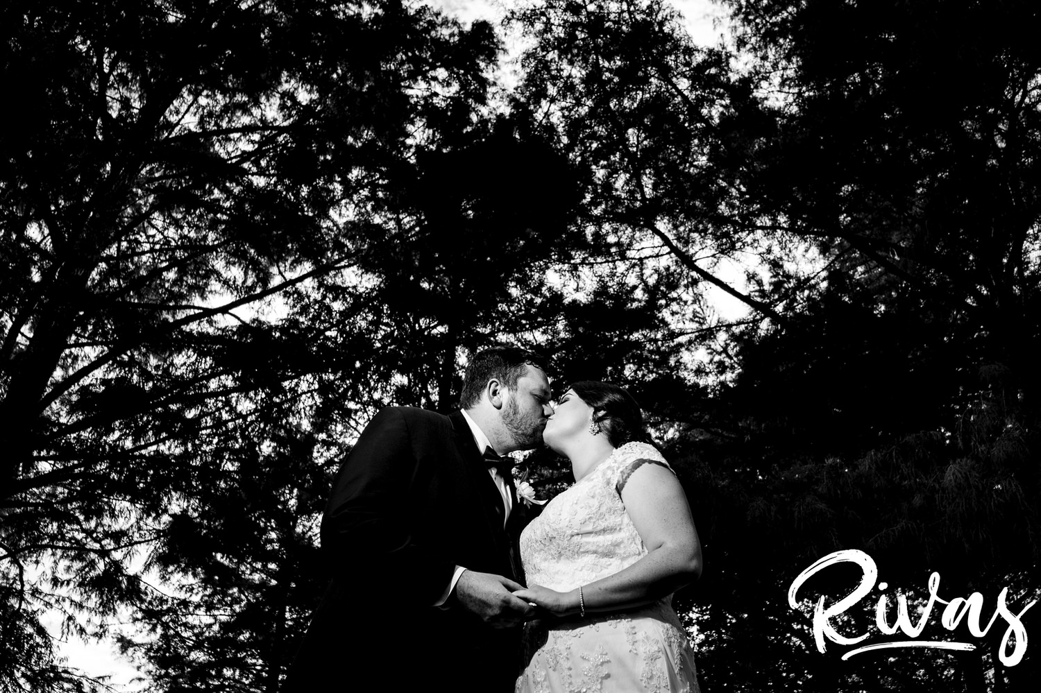 A black and white candid picture of a bride and groom standing in front of a canopy of tree branches holding hands and sharing a kiss on their wedding day at Lawrence Country Club. 