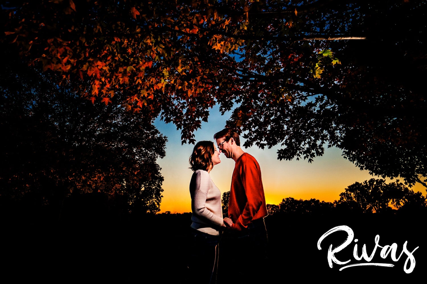 A colorful, vibrant picture of an engaged couple holding hands as they stand nose to nose underneath a canopy of bright yellow and orange leaves during their fall engagement session at Liberty Memorial in Kansas City. 