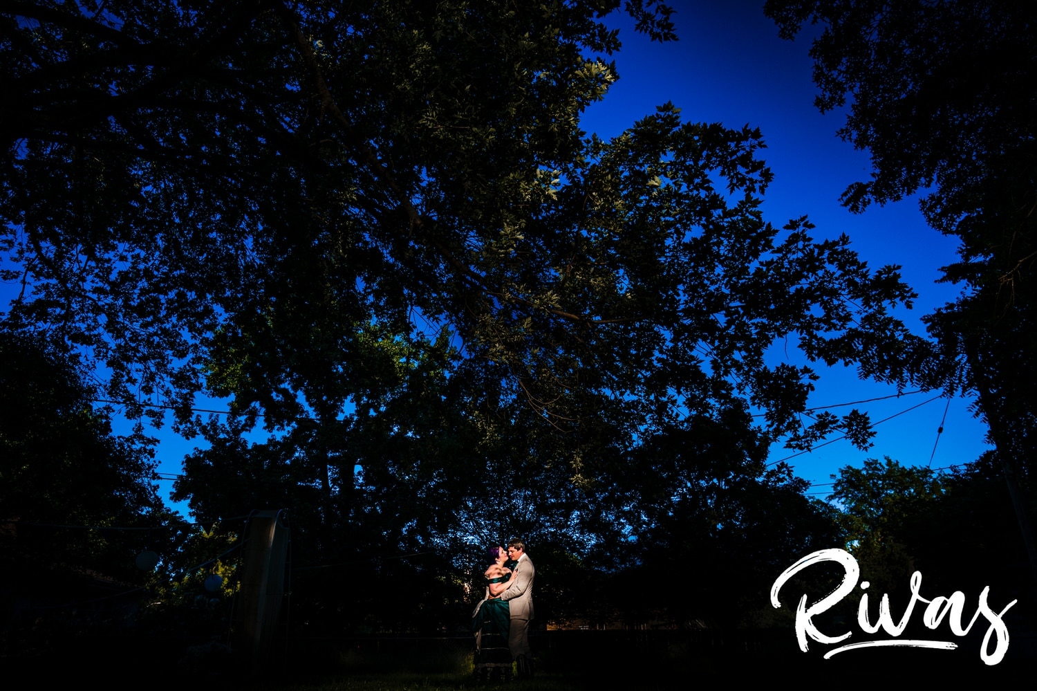 A vibrant, candid picture of a bride and groom dancing in a spot of sunlight underneath a canopy of green trees during their intimate backyard summer wedding reception. 