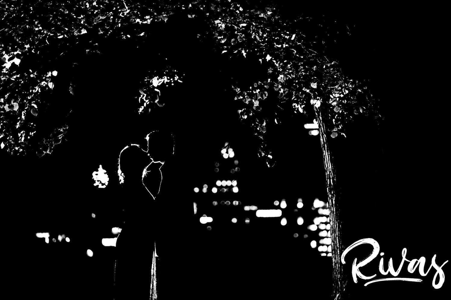 A barely-there silhouette of an engaged couple sharing a kiss underneath a tree with the Kansas City skyline visible behind them during their engagement session after dark. 