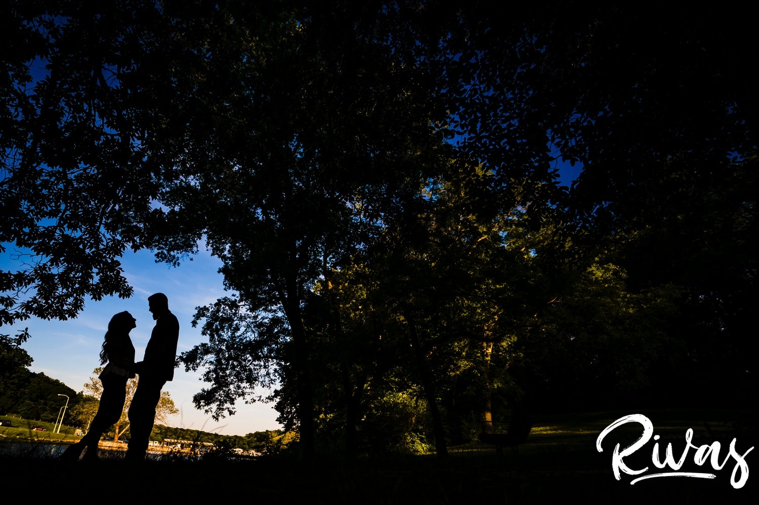 A colorful, back-lit silhouette of an engaged couple holding hands and looking into each others' eyes as they stand underneath a canopy of bright green trees during their engagement session in Kansas City. 