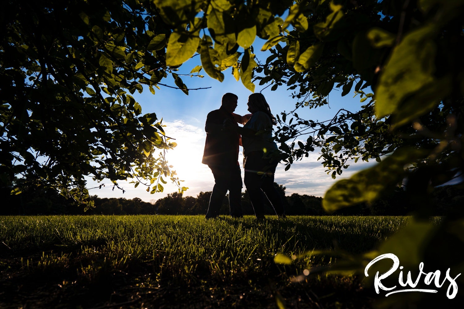 A vibrant, silhouetted picture of an engaged couple sharing a dance against a bright blue sky, completely framed by green leaves during their engagement session in Kansas City. 