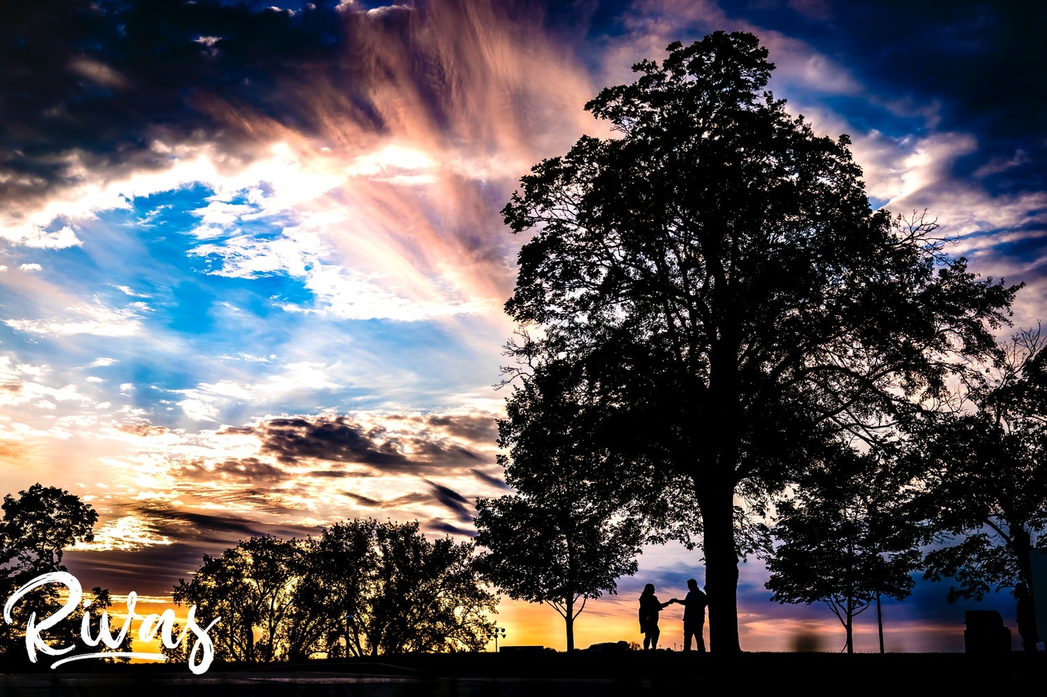A bold, vibrant, silhouetted portrait of an engaged couple holding hands as they walk underneath a canopy of trees at sunset during their Liberty Memorial summer engagement photography session. 