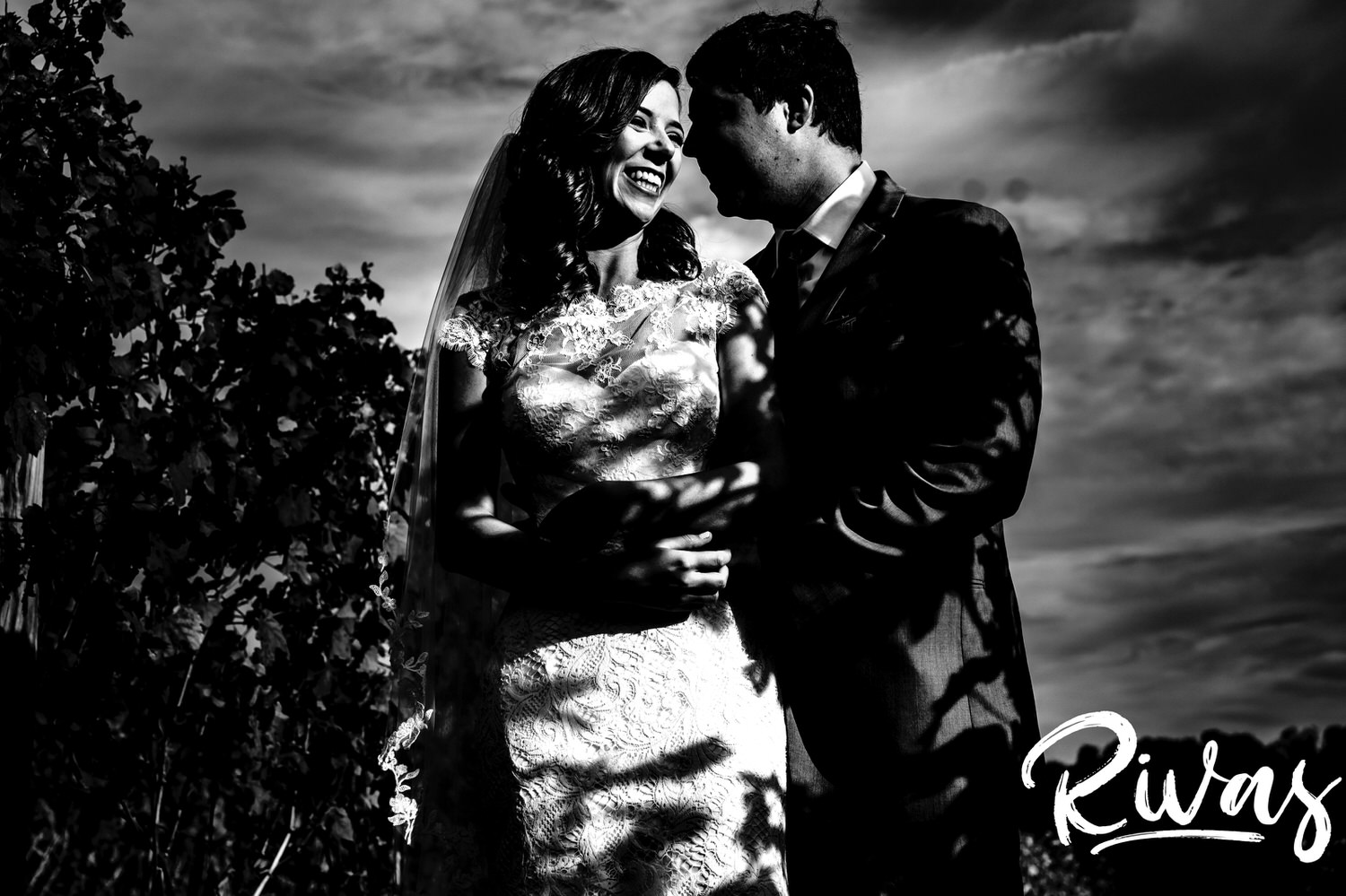 A dramatic black and white picture of a groom whispering into his bride's ear as they stand in a vineyard on the day of their fall wedding. 