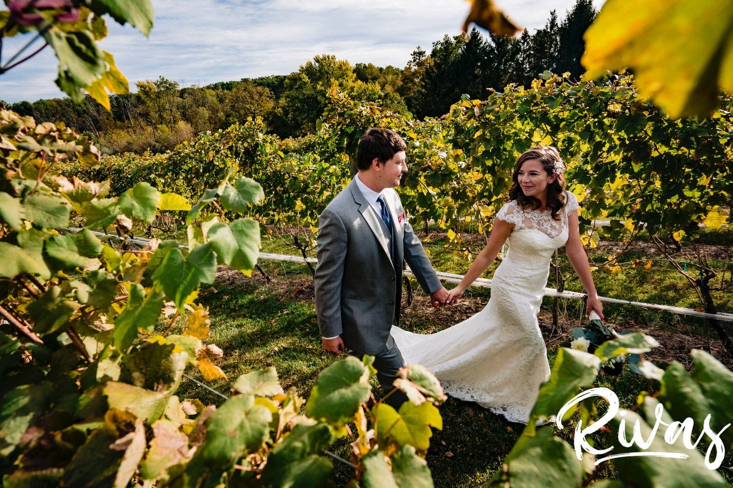 A colorful picture taken through a row of grape leaves of a bride and groom sharing an embrace during their first look on their fall afternoon wedding day at The Barns at Hamilton Station Vineyard. 