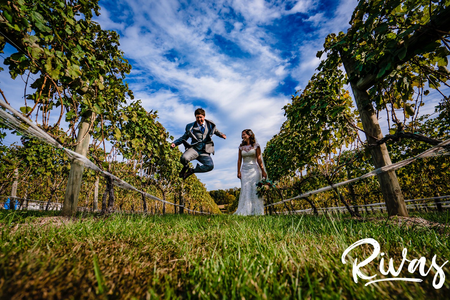 A candid picture of a groom jumping up and clicking his heels together in the middle of a vineyard as his bride watches and laughs on their fall afternoon wedding day. 