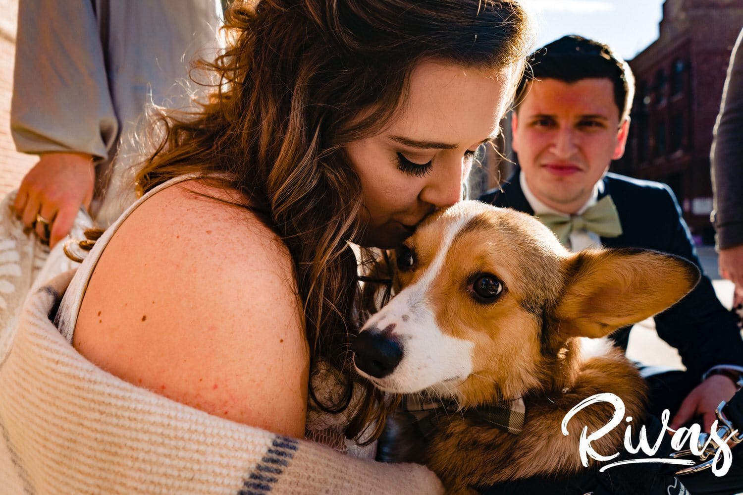 A colorful, candid picture of a bride kissing her brown corgi on the head as her groom lovingly looks on during wedding party pictures on the afternoon of their fall wedding in Kansas City. 