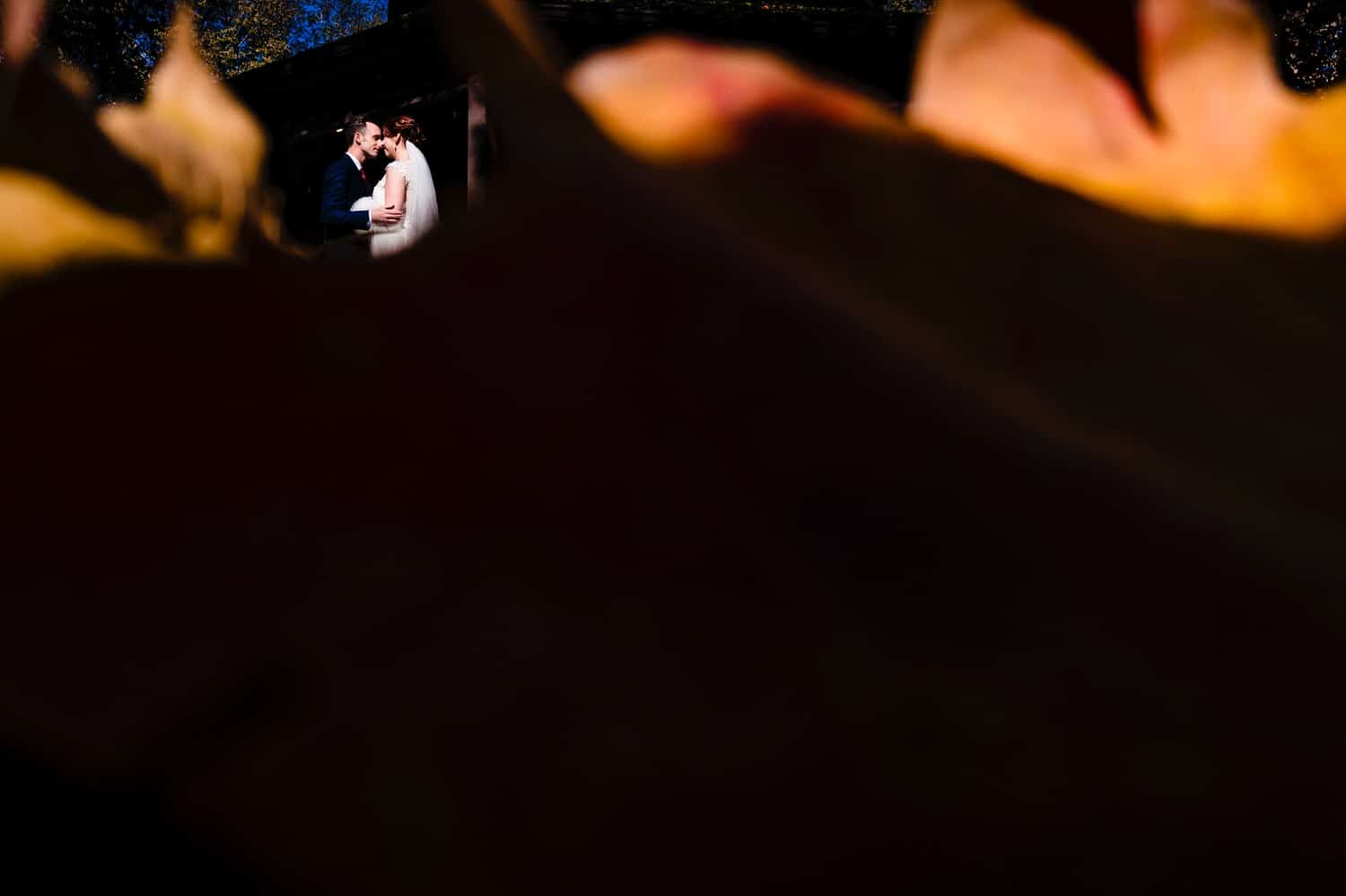 A colorful picture taken through a pile of orange leaves of a bride and groom, visible between the grooves of the leaf of a bride and groom leaning in to share a kiss. 