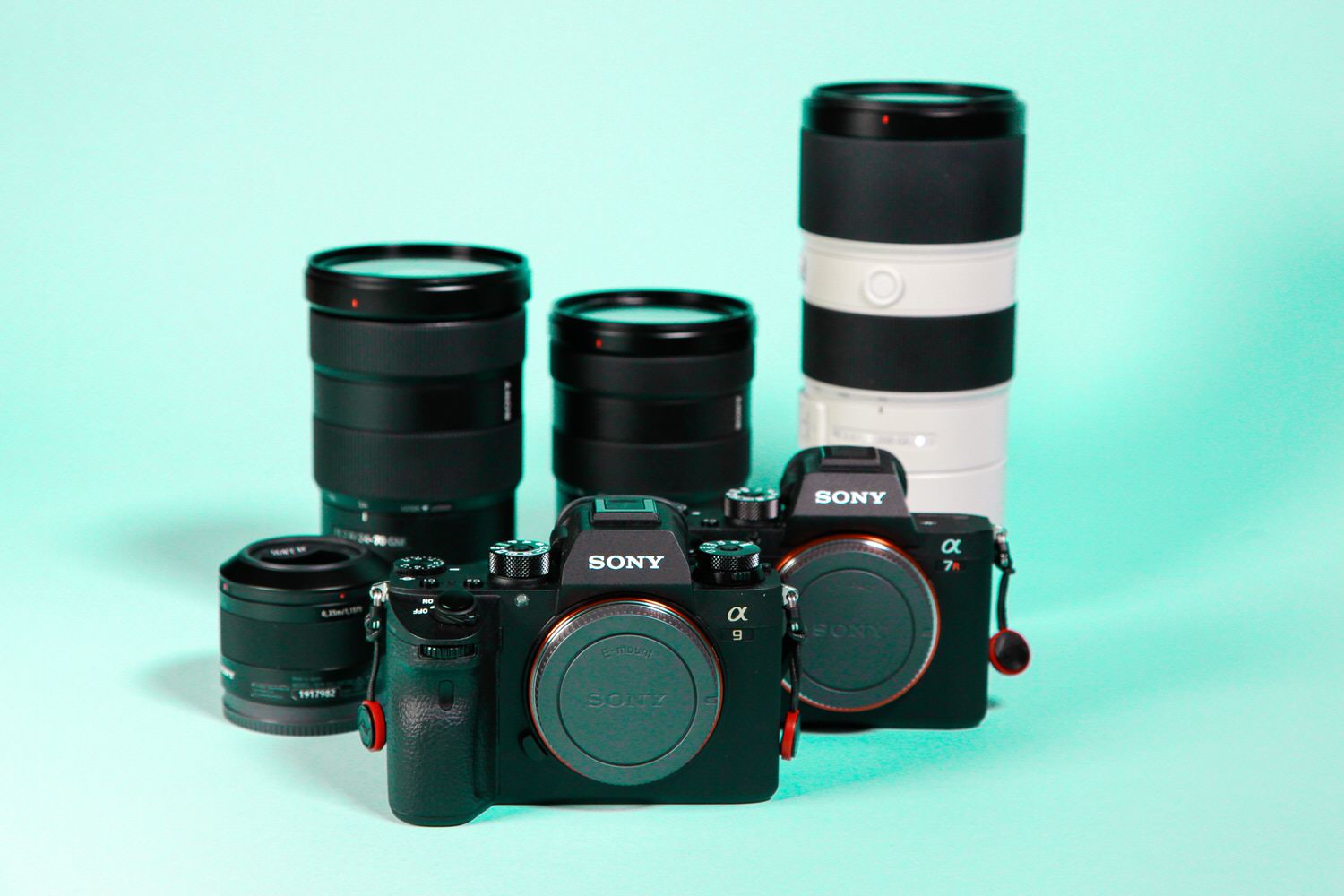 A picture of Sony camera gear on a bright background. 