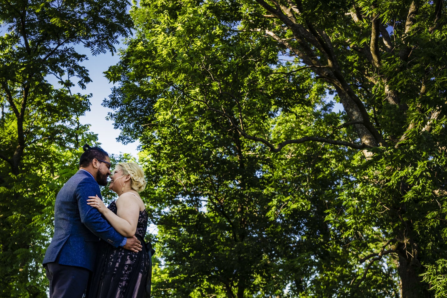A colorful picture of an engaged couple sharing an embrace in front of a canopy of vibrant green trees and blue sky during their engagement session in Kansas City. 
