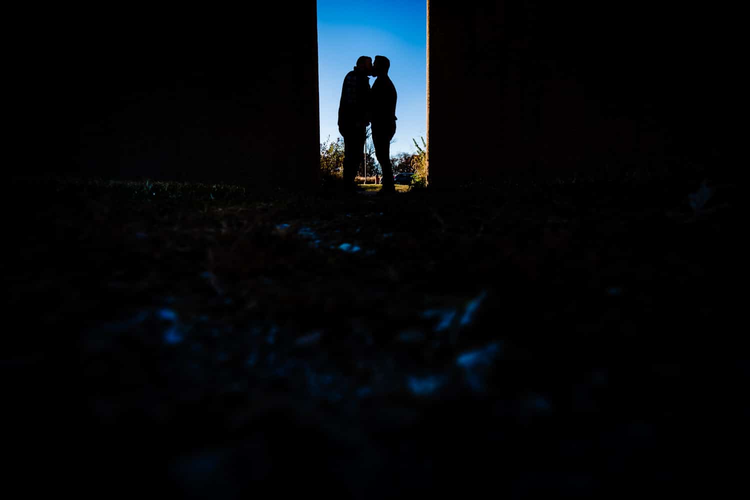 A colorful portrait of an engaged couple holding hands and sharing a kiss, silhouetted against a slot of bright blue sky during a fall engagement session at Swope Park in Kansas City. 