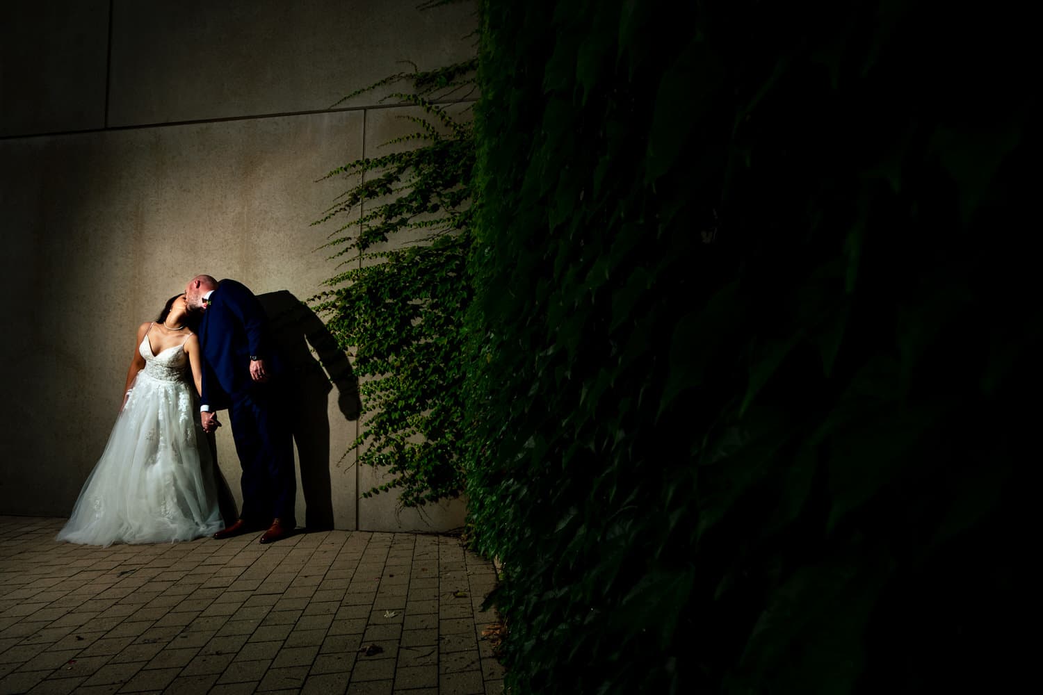 A dramatic, colorful picture of a bride and groom holding hands, leaning in to share a kiss. 
